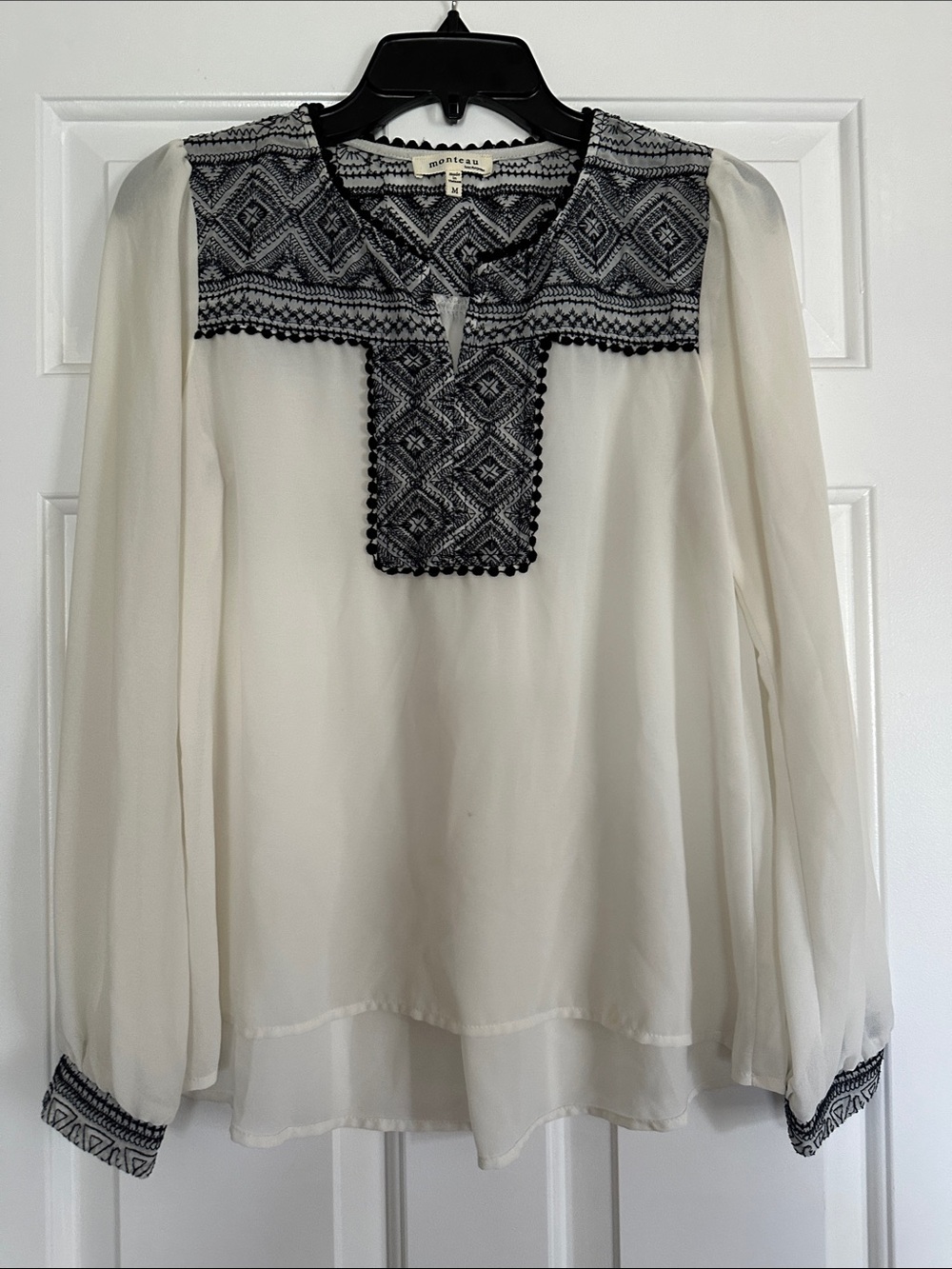 Monteau Cream Blouse with Black Geometric Embroidery